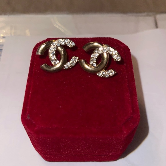 Jewelry - Gorgeous gold with rhinestones CC logo upcycle stamp on the back of earring.